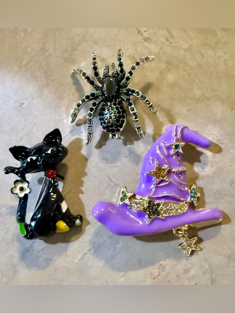 Purple Witch Hat Brooch Pin with Black Cat and Spider Accent